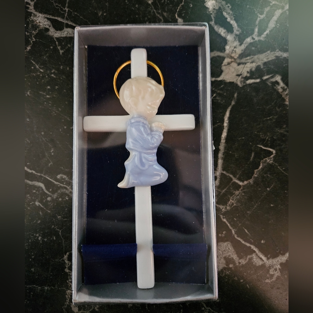 Praying Child Cross Wall Hanging-Blue and White | Baptism Christening